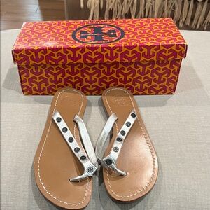Tory Burch Silver Stud Leather Thong Sandals